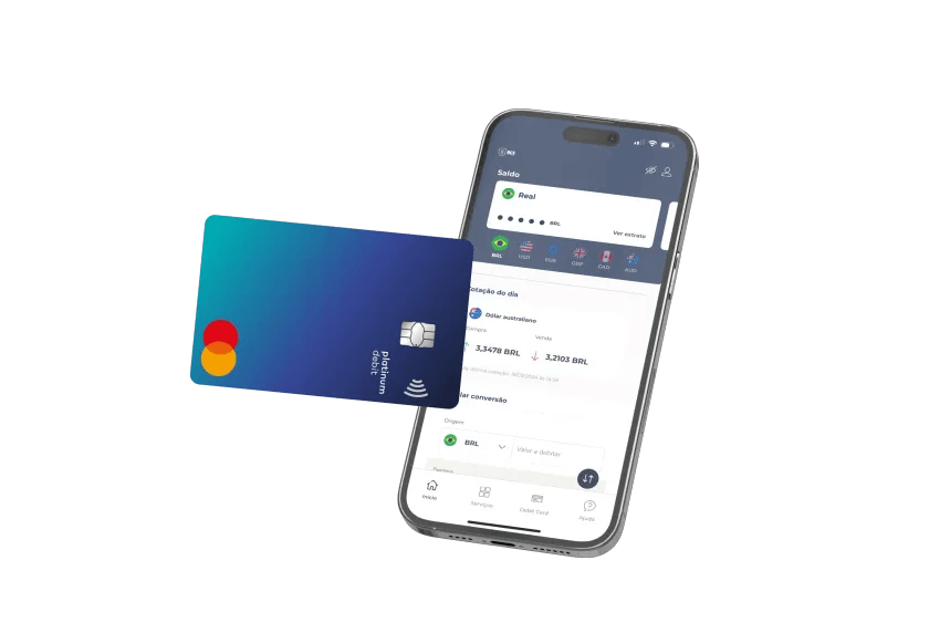 Aplicativo RCS Global mostrando a conta global multimoedas e o cartão de débito internacional